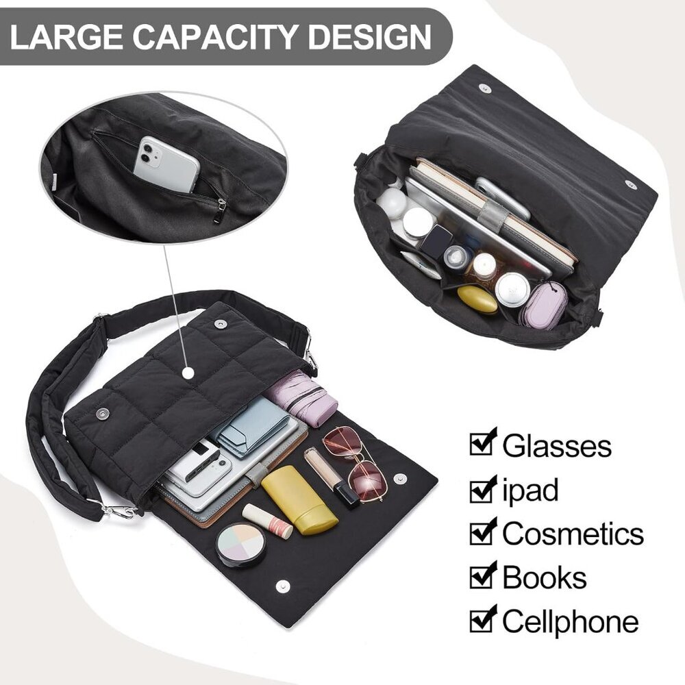 Women's Black Lightweight Cotton Padded Imported Puffer Shoulder Bag - Picture 5 of 7